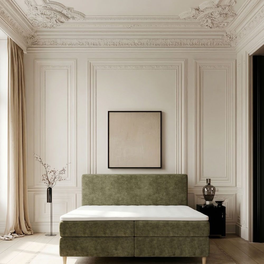 Lit BOXSPRING LENNON - Avec tête de lit, coffre intégré, matelas ressorts ensachés et surmatelas inclus