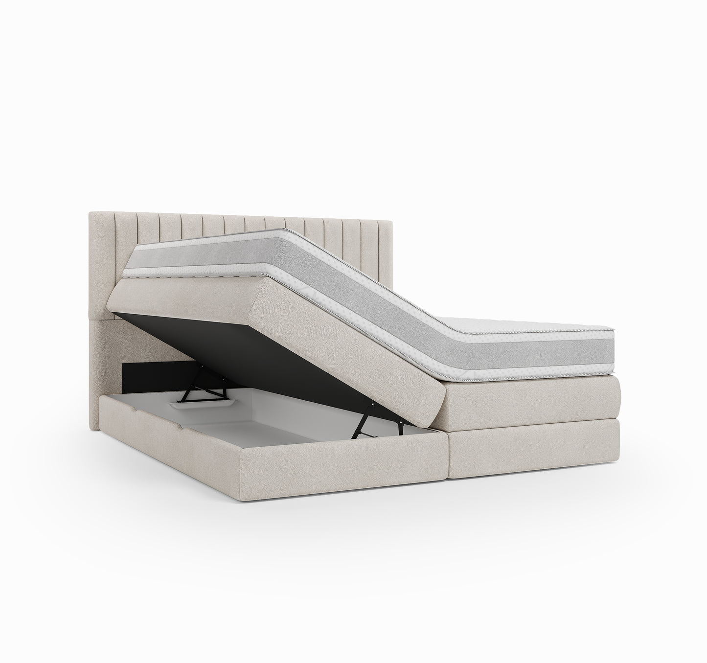 Lit BOXSPRING DIEGO - Avec tête de lit, coffre intégré, matelas ressorts ensachés inclus