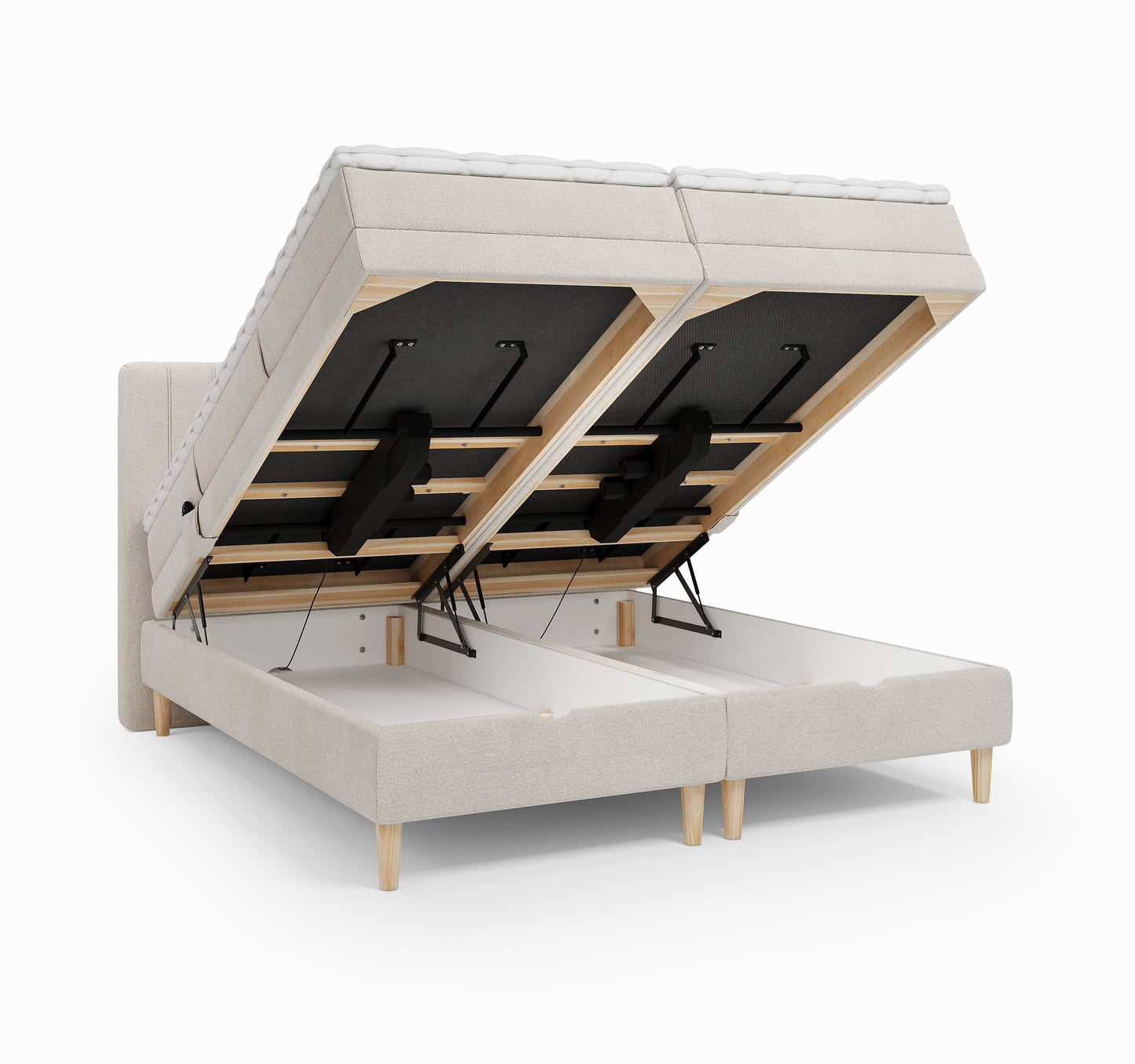 Lit BOXSPRING ELECTRIQUE FARO- Avec tête de lit, coffre intégré, matelas ressorts ensachés et surmatelas inclus