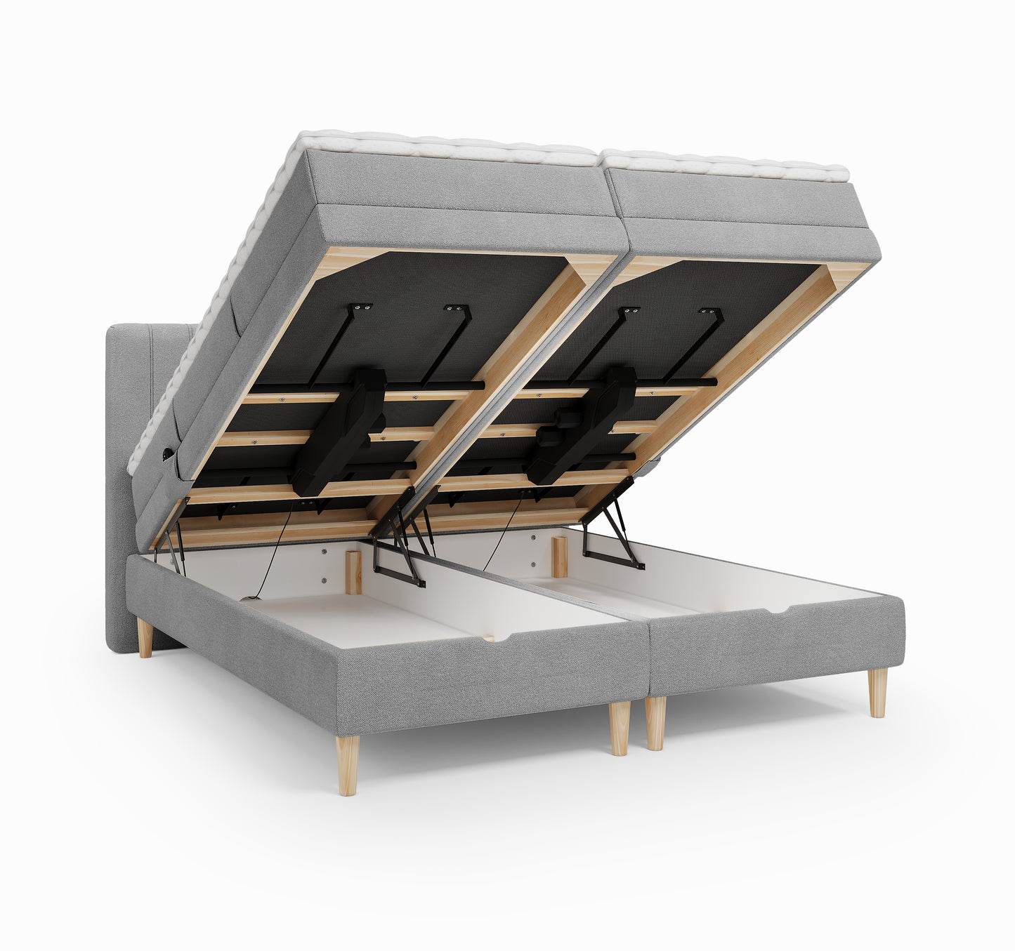 Lit BOXSPRING ELECTRIQUE FARO- Avec tête de lit, coffre intégré, matelas ressorts ensachés et surmatelas inclus