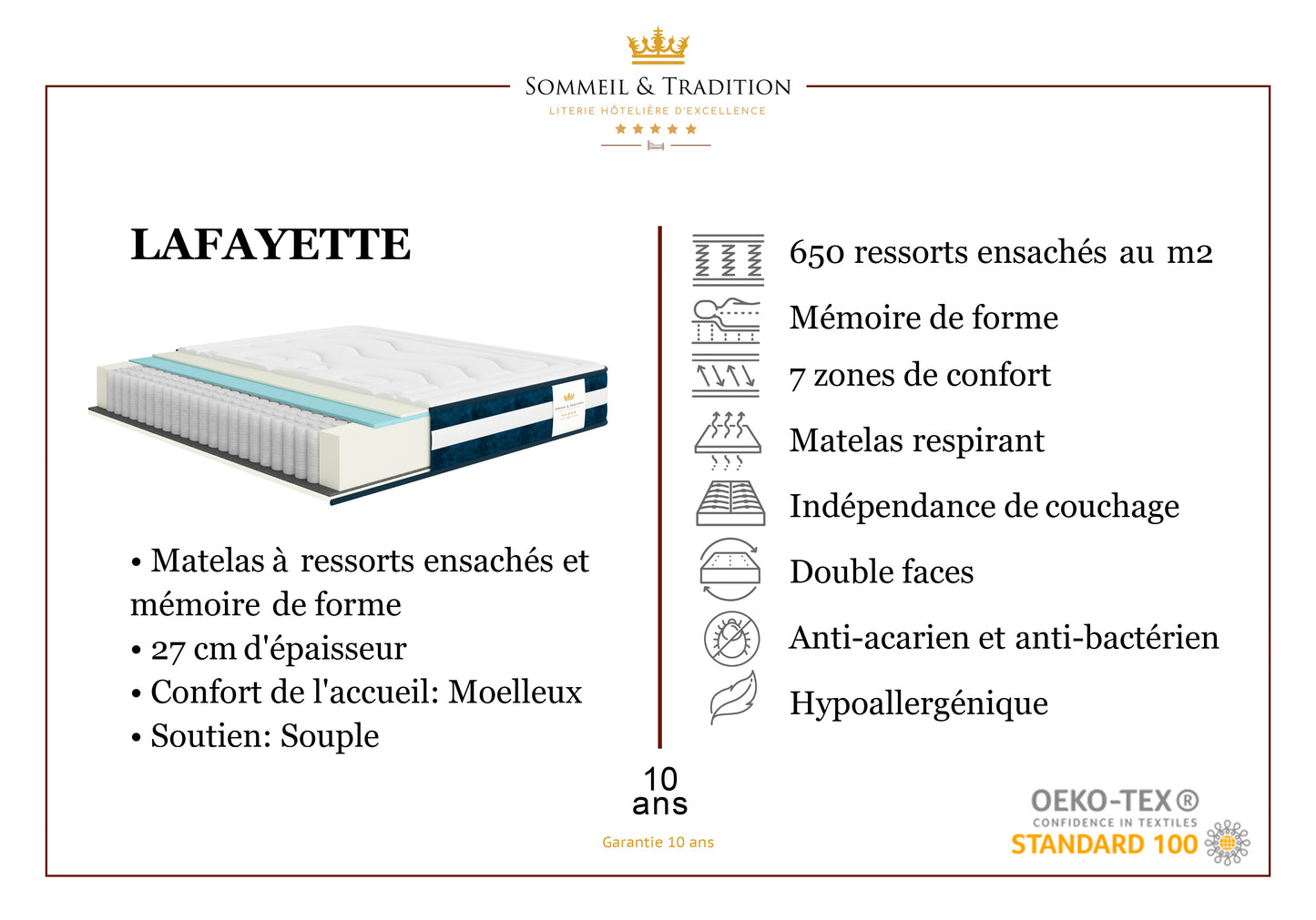 Matelas ressorts ensachés et mousse mémoire de forme - LAFAYETTE 27cm