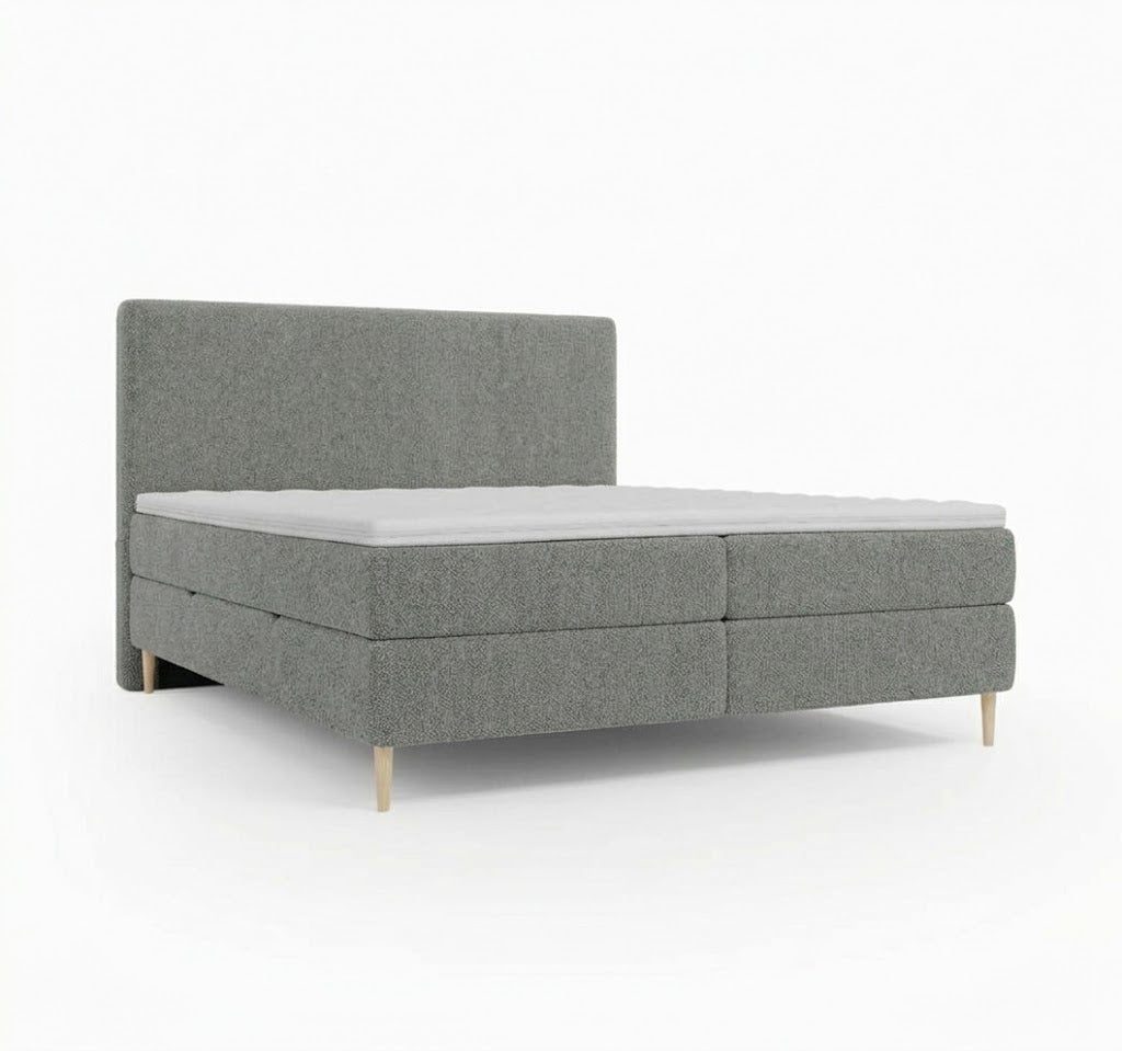 Lit BOXSPRING LENNON - Avec tête de lit, coffre intégré, matelas ressorts ensachés et surmatelas inclus
