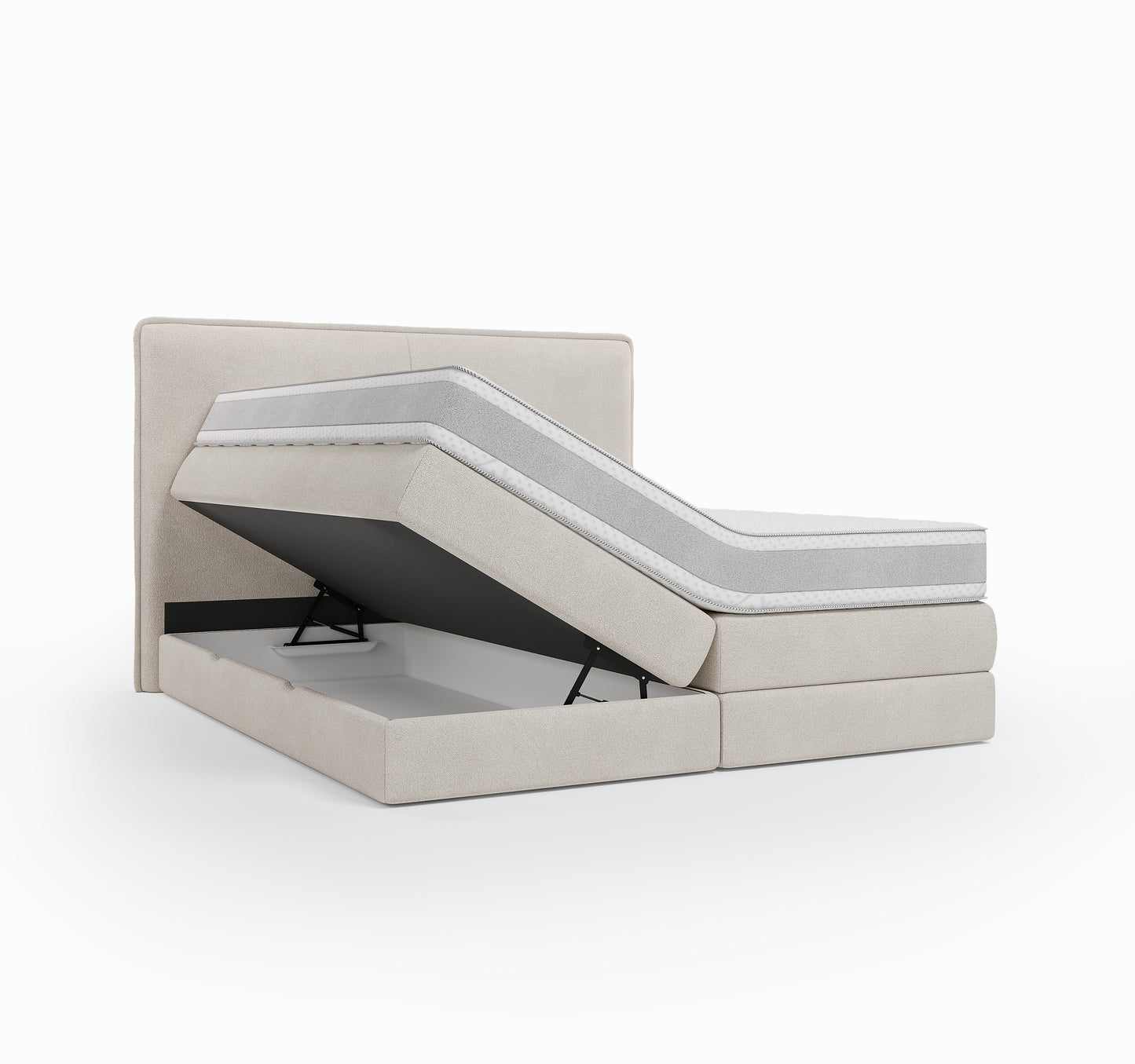 Lit BOXSPRING LUCA - Avec tête de lit, coffre intégré, matelas ressorts ensachés inclus