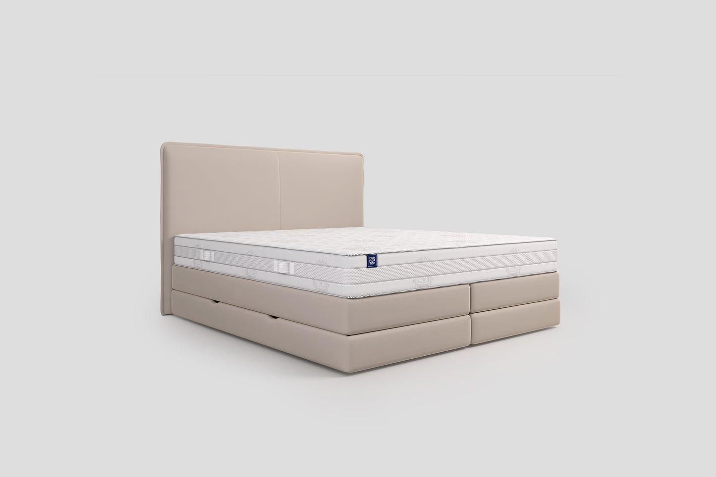 Lit BOXSPRING LUCA - Avec tête de lit, coffre intégré, matelas ressorts ensachés inclus