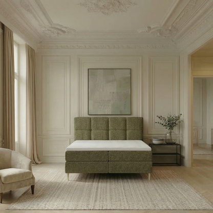 Lit BOXSPRING LEO - Avec tête de lit, coffre intégré, matelas ressorts ensachés et surmatelas inclus