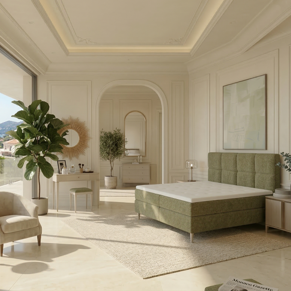 Lit BOXSPRING LEO - Avec tête de lit, coffre intégré, matelas ressorts ensachés et surmatelas inclus