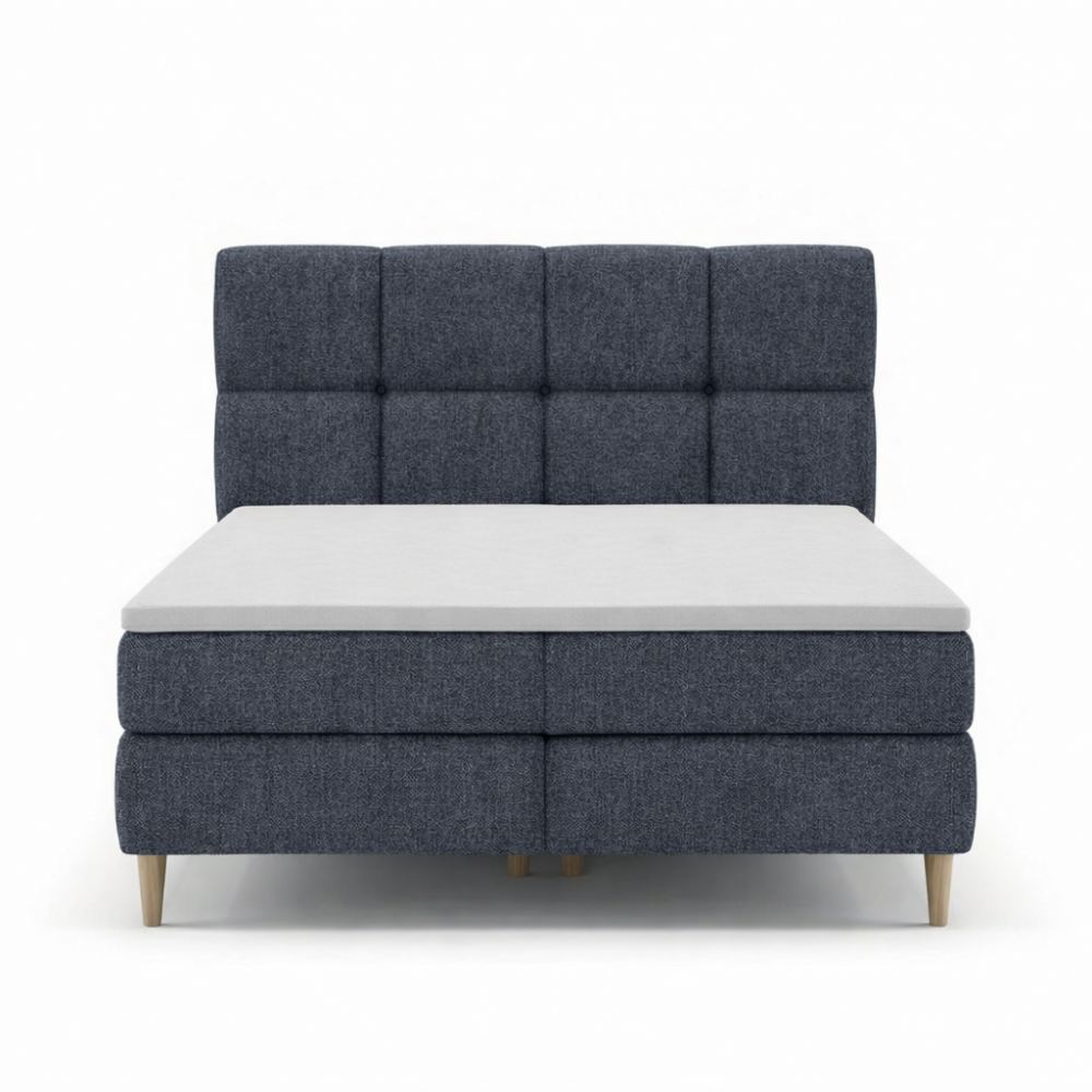 Lit BOXSPRING LEO - Avec tête de lit, coffre intégré, matelas ressorts ensachés et surmatelas inclus