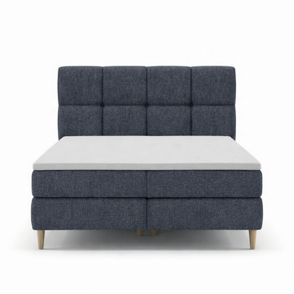 Lit BOXSPRING LEO - Avec tête de lit, coffre intégré, matelas ressorts ensachés et surmatelas inclus