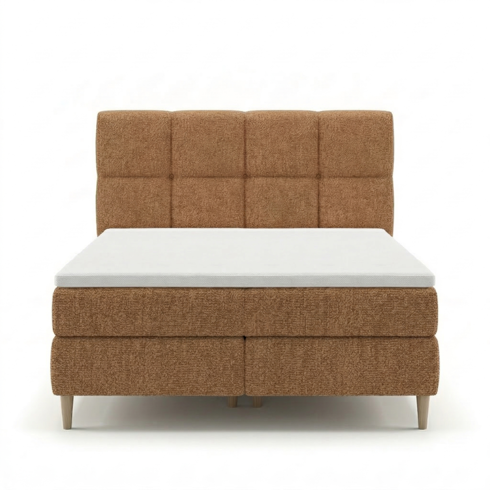 Lit BOXSPRING LEO - Avec tête de lit, coffre intégré, matelas ressorts ensachés et surmatelas inclus