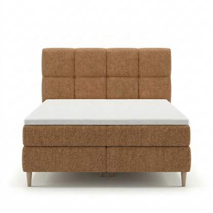 Lit BOXSPRING LEO - Avec tête de lit, coffre intégré, matelas ressorts ensachés et surmatelas inclus