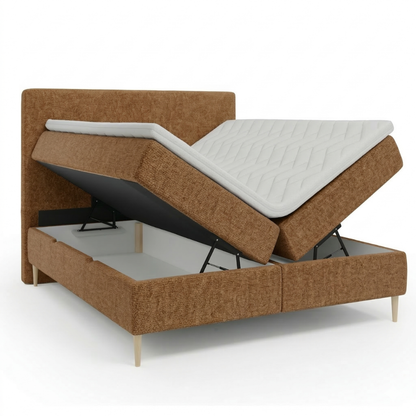 Lit BOXSPRING LEO - Avec tête de lit, coffre intégré, matelas ressorts ensachés et surmatelas inclus