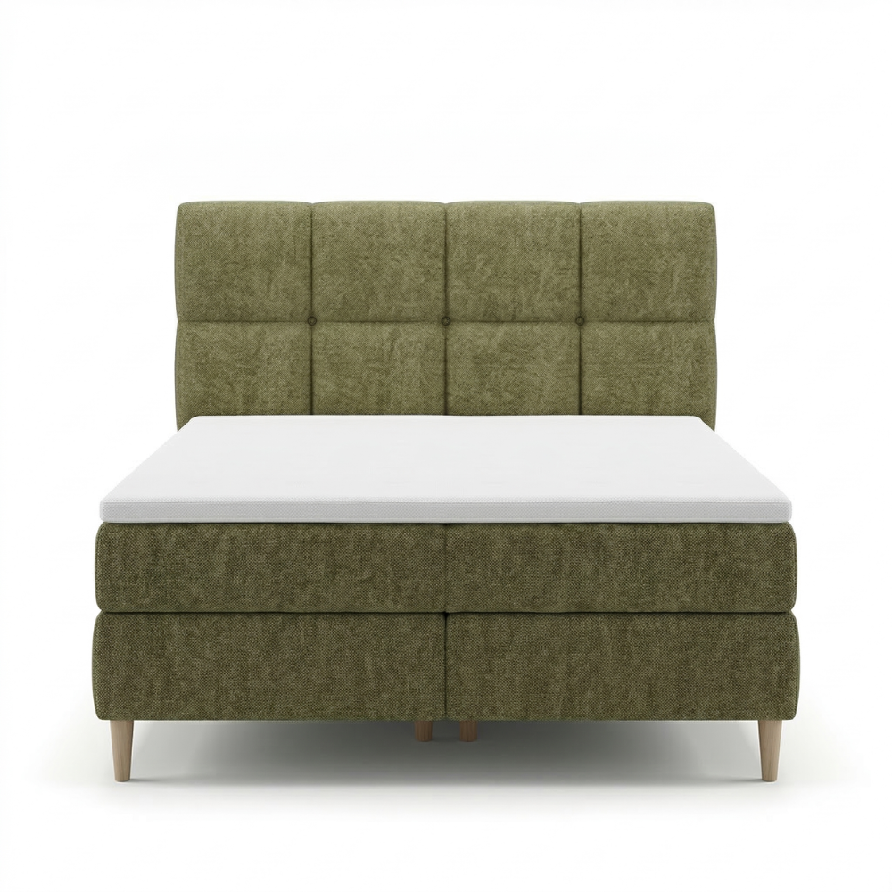 Lit BOXSPRING LEO - Avec tête de lit, coffre intégré, matelas ressorts ensachés et surmatelas inclus