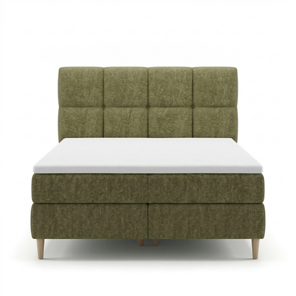 Lit BOXSPRING LEO - Avec tête de lit, coffre intégré, matelas ressorts ensachés et surmatelas inclus