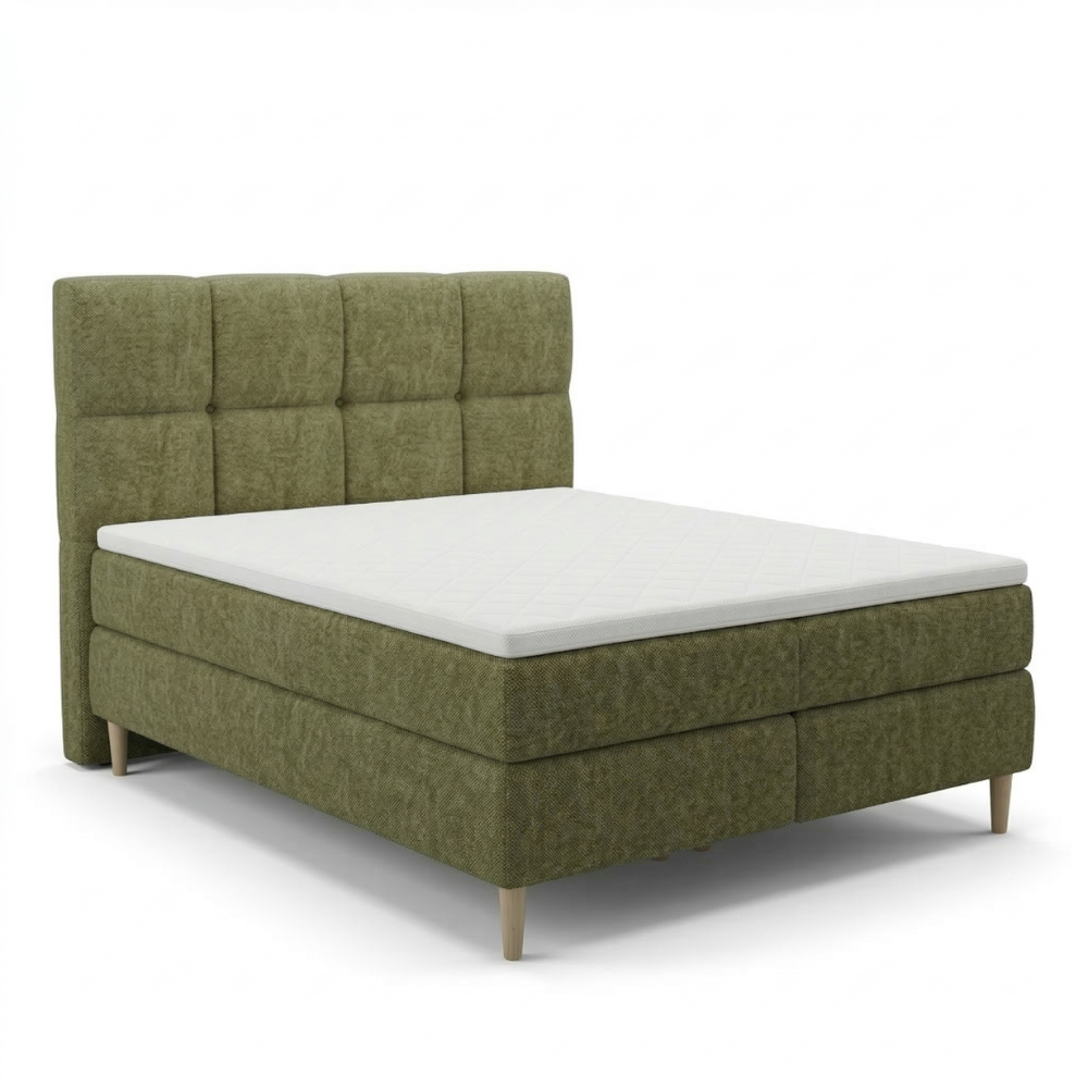 Lit BOXSPRING LEO - Avec tête de lit, coffre intégré, matelas ressorts ensachés et surmatelas inclus