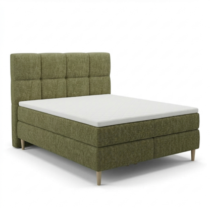 Lit BOXSPRING LEO - Avec tête de lit, coffre intégré, matelas ressorts ensachés et surmatelas inclus