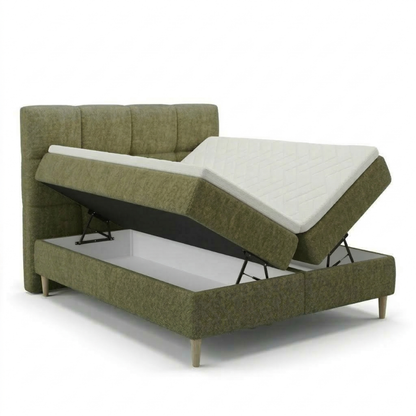 Lit BOXSPRING LEO - Avec tête de lit, coffre intégré, matelas ressorts ensachés et surmatelas inclus