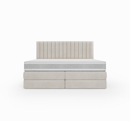 Lit BOXSPRING DIEGO - Avec tête de lit, coffre intégré, matelas ressorts ensachés inclus
