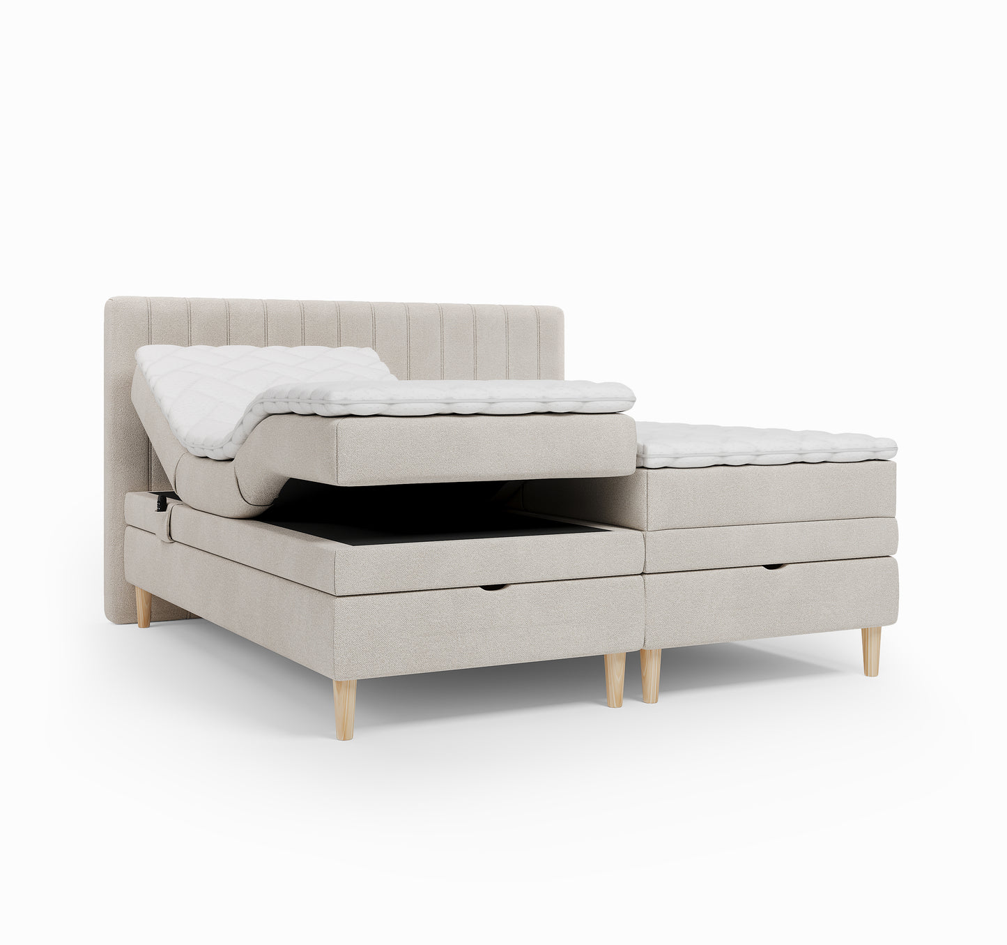 Lit BOXSPRING ELECTRIQUE FARO- Avec tête de lit, coffre intégré, matelas ressorts ensachés et surmatelas inclus
