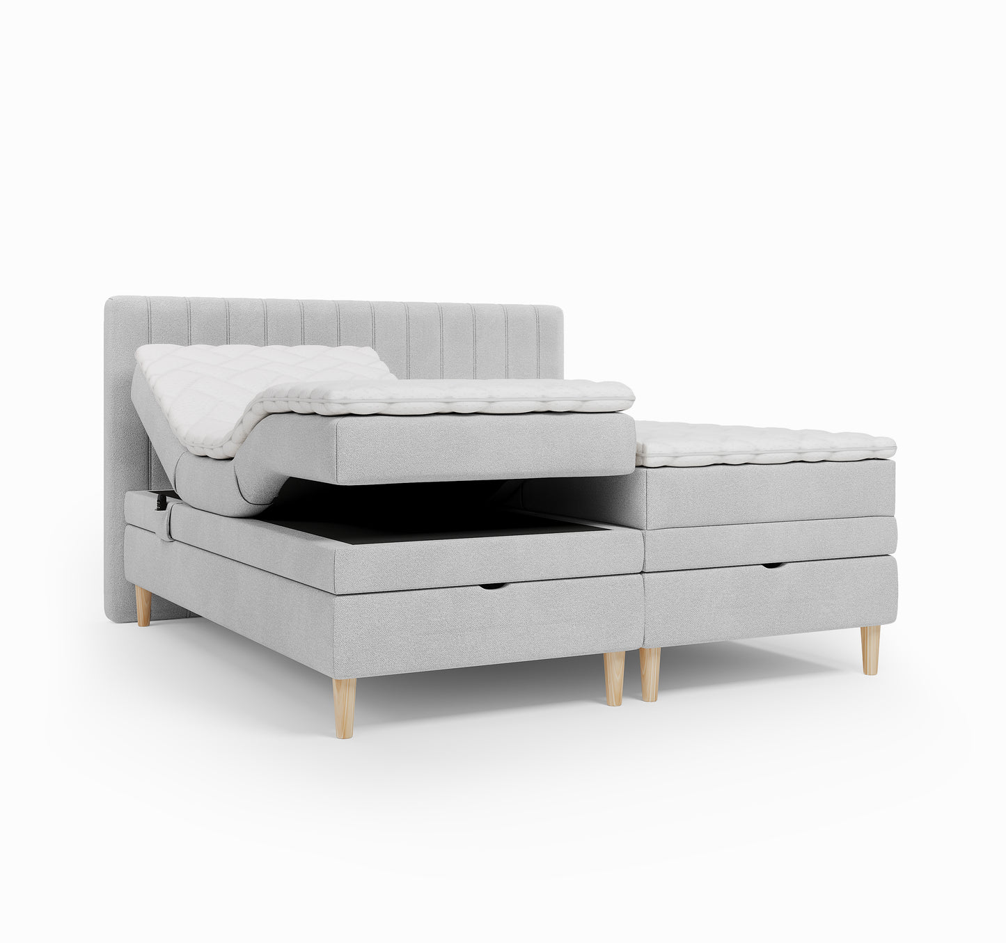Lit BOXSPRING ELECTRIQUE FARO- Avec tête de lit, coffre intégré, matelas ressorts ensachés et surmatelas inclus