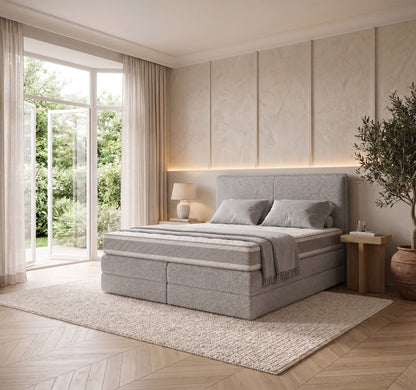 Lit BOXSPRING N°3 - Avec tête de lit, coffre intégré, matelas ressorts ensachés inclus