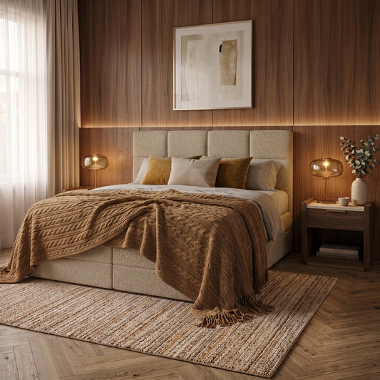 Lit BOXSPRING EDWARD - Avec tête de lit, coffre intégré, matelas ressorts ensachés inclus
