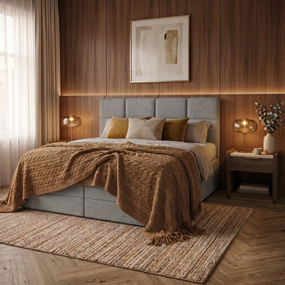 Lit BOXSPRING EDWARD - Avec tête de lit, coffre intégré, matelas ressorts ensachés inclus