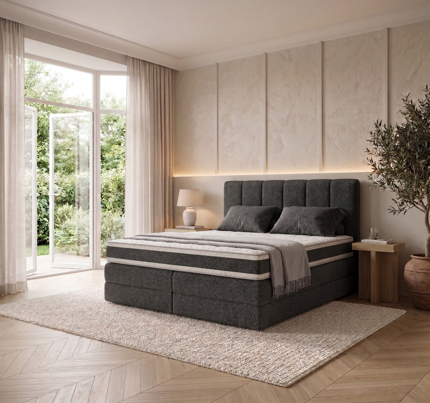 Lit BOXSPRING N°3 - Avec tête de lit, coffre intégré, matelas ressorts ensachés inclus