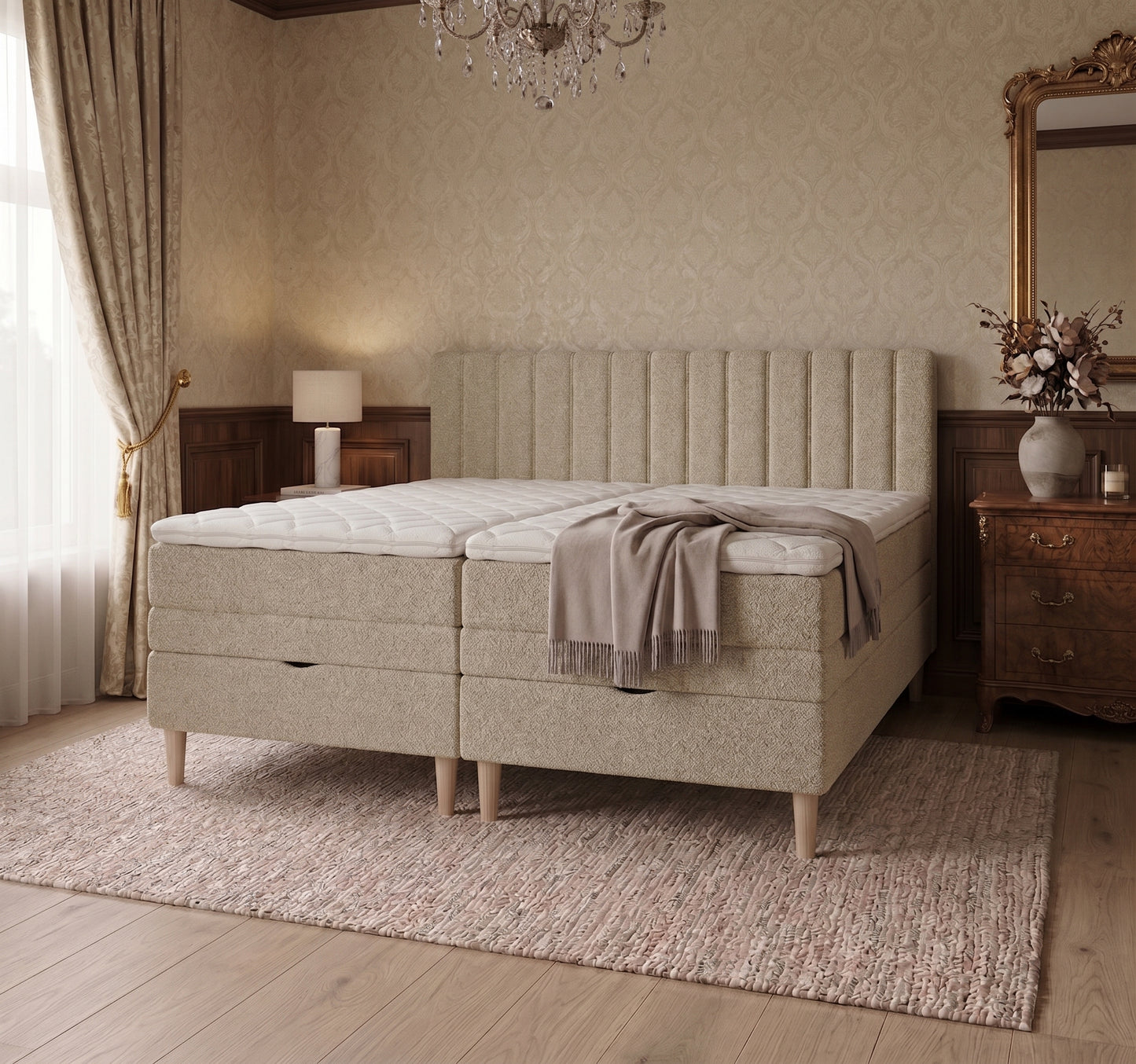 Lit BOXSPRING ELECTRIQUE N°1- Avec tête de lit, coffre intégré, matelas ressorts ensachés et surmatelas inclus