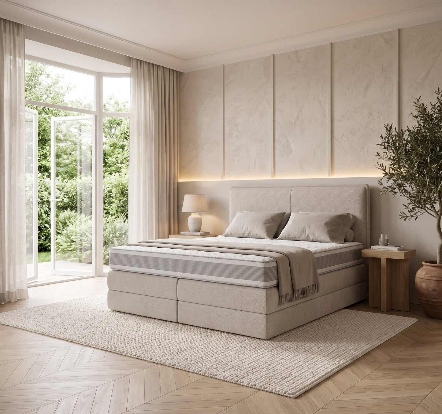 Lit BOXSPRING N°3 - Avec tête de lit, coffre intégré, matelas ressorts ensachés inclus