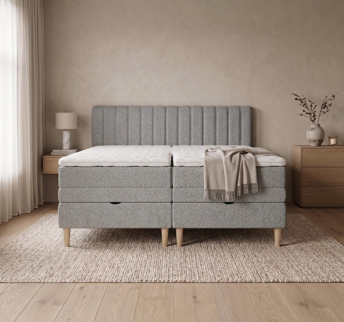 Lit BOXSPRING ELECTRIQUE N°1- Avec tête de lit, coffre intégré, matelas ressorts ensachés et surmatelas inclus