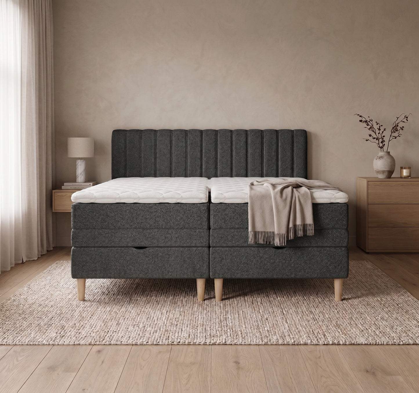 Lit BOXSPRING ELECTRIQUE N°1- Avec tête de lit, coffre intégré, matelas ressorts ensachés et surmatelas inclus