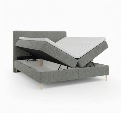 Lit BOXSPRING LENNON - Avec tête de lit, coffre intégré, matelas ressorts ensachés et surmatelas inclus