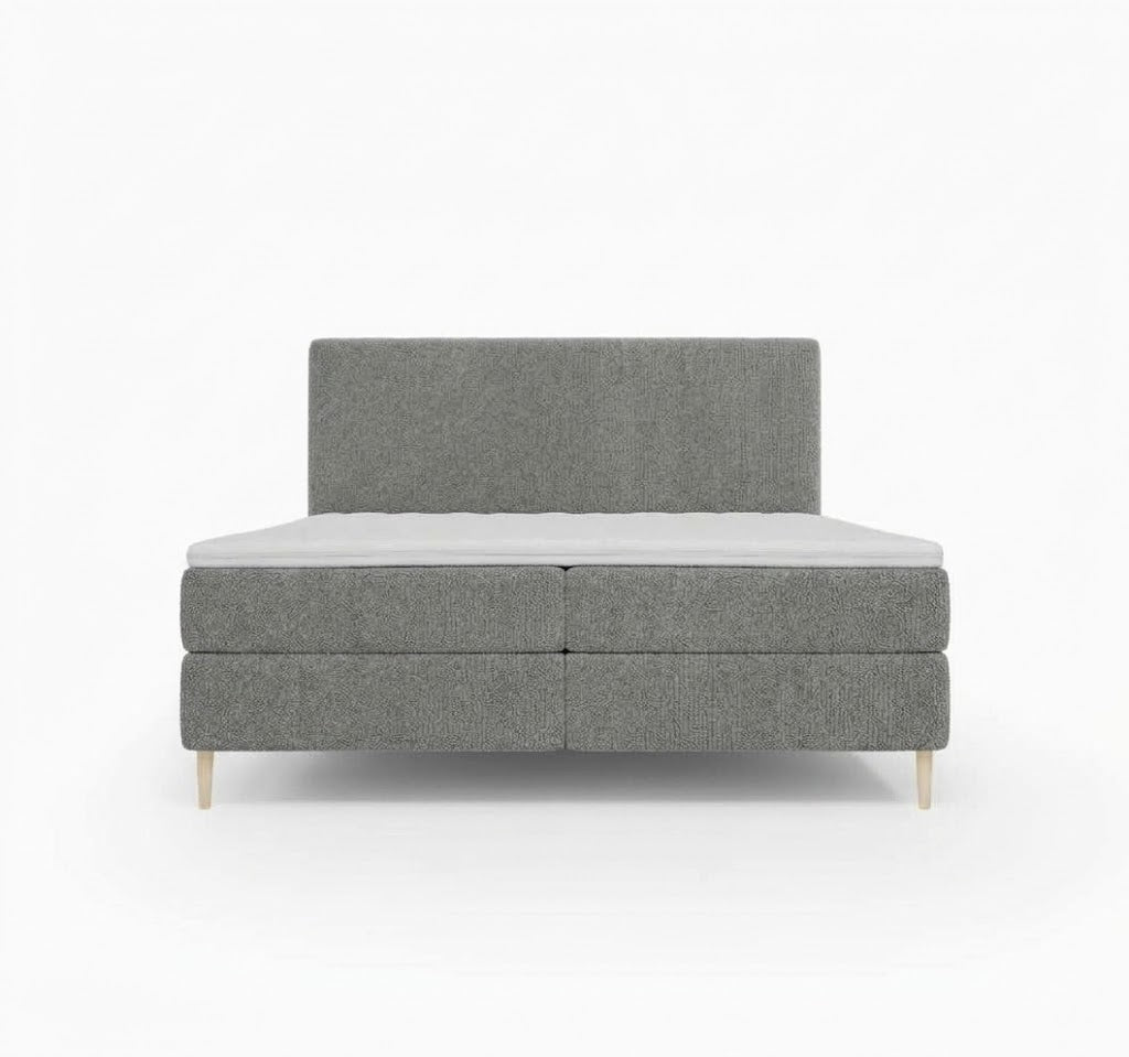 Lit BOXSPRING LENNON - Avec tête de lit, coffre intégré, matelas ressorts ensachés et surmatelas inclus