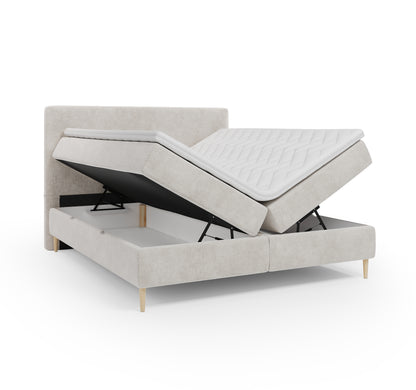 Lit BOXSPRING LENNON - Avec tête de lit, coffre intégré, matelas ressorts ensachés et surmatelas inclus