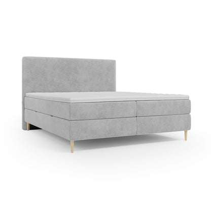 Lit BOXSPRING LENNON - Avec tête de lit, coffre intégré, matelas ressorts ensachés et surmatelas inclus