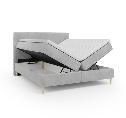 Lit BOXSPRING LENNON - Avec tête de lit, coffre intégré, matelas ressorts ensachés et surmatelas inclus
