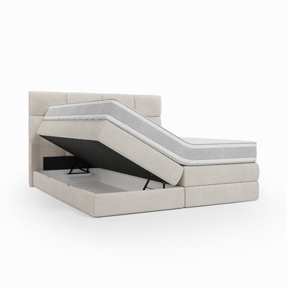 Lit BOXSPRING EDWARD - Avec tête de lit, coffre intégré, matelas ressorts ensachés inclus