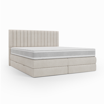 Lit BOXSPRING ROCHELLE - Avec tête de lit, coffre intégré, matelas ressorts ensachés inclus