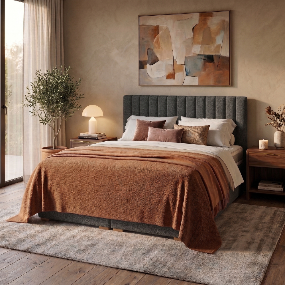 Lit BOXSPRING ROCHELLE - Avec tête de lit, coffre intégré, matelas ressorts ensachés inclus