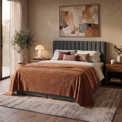 Lit BOXSPRING ROCHELLE - Avec tête de lit, coffre intégré, matelas ressorts ensachés inclus