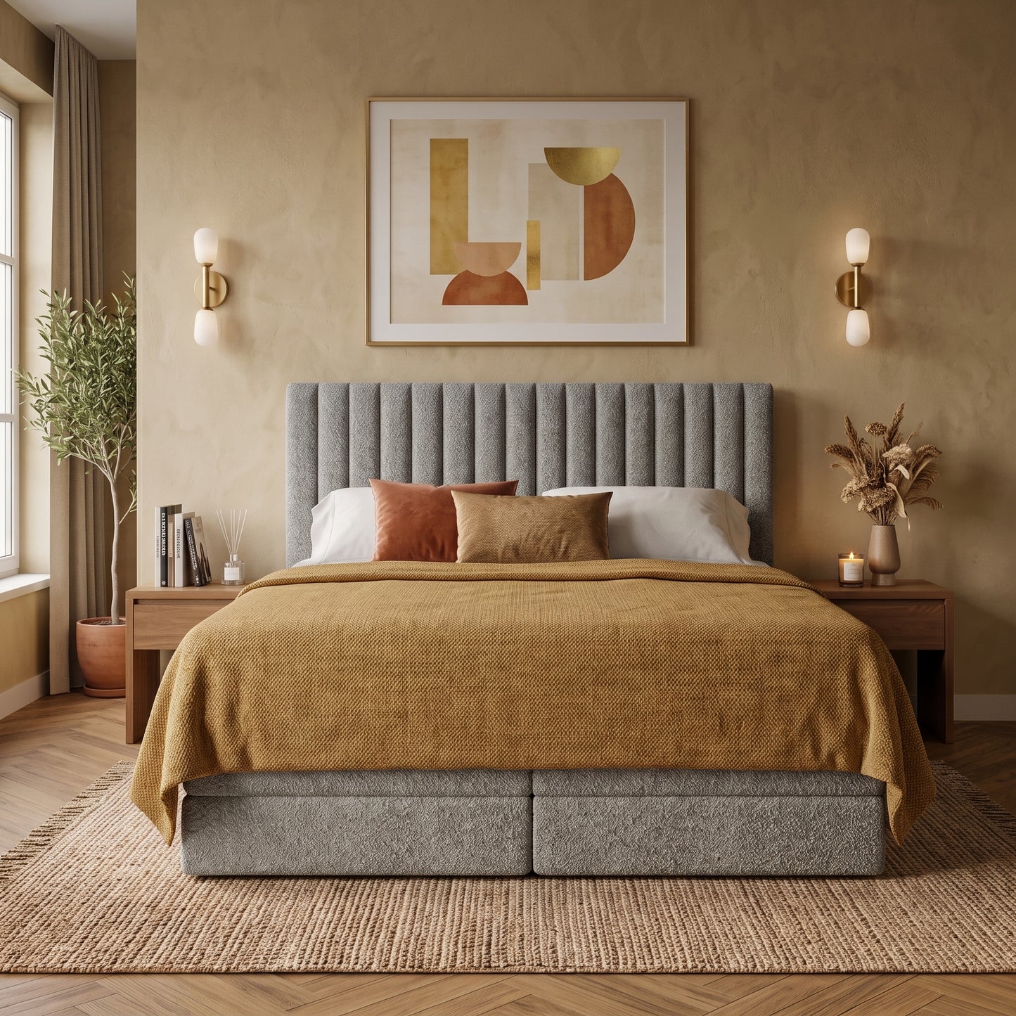Lit BOXSPRING ROCHELLE - Avec tête de lit, coffre intégré, matelas ressorts ensachés inclus