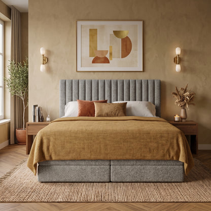 Lit BOXSPRING ROCHELLE - Avec tête de lit, coffre intégré, matelas ressorts ensachés inclus