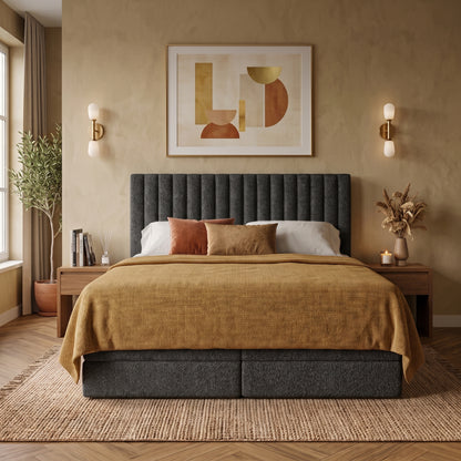 Lit BOXSPRING ROCHELLE - Avec tête de lit, coffre intégré, matelas ressorts ensachés inclus