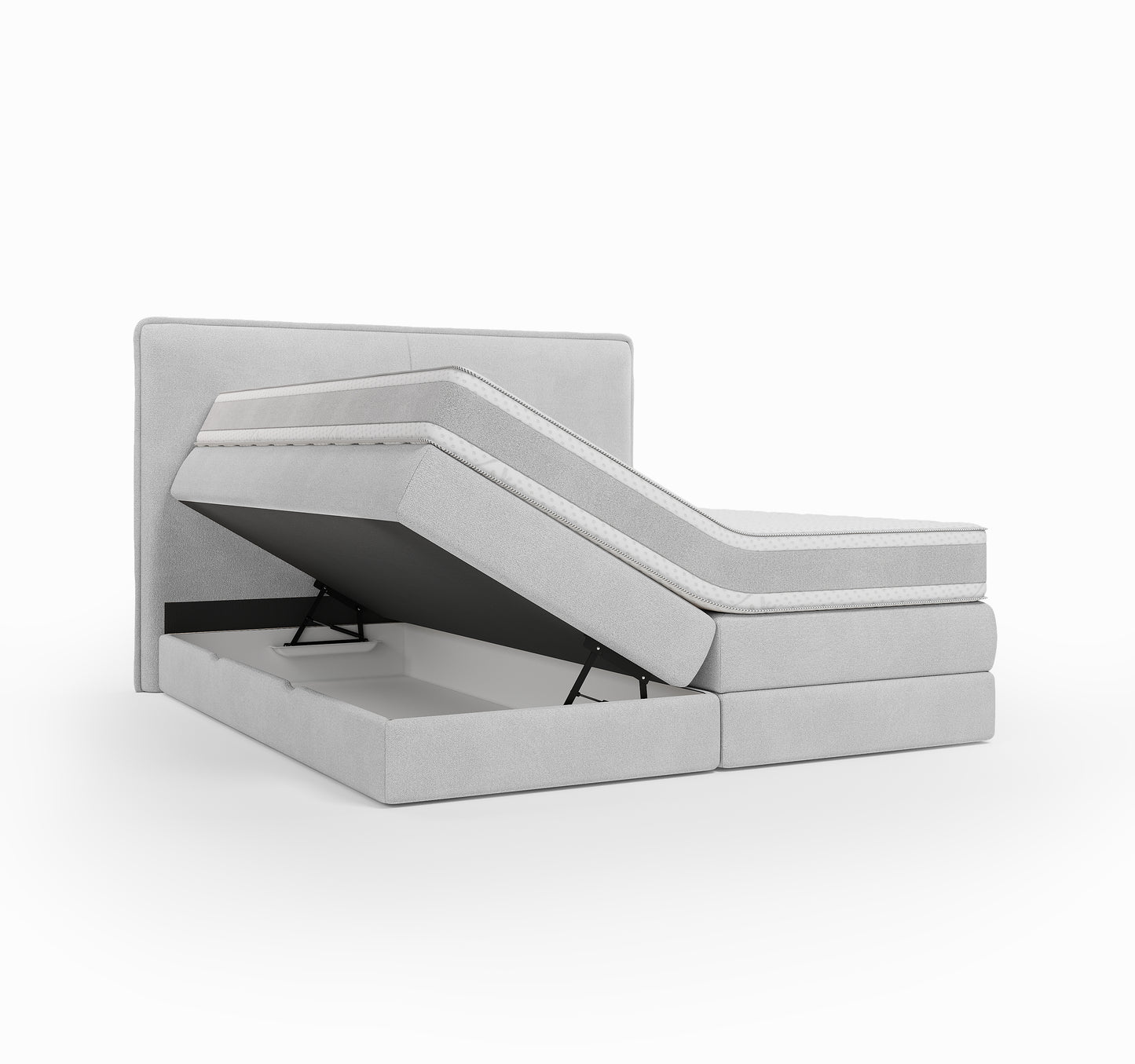 Lit BOXSPRING LUCA - Avec tête de lit, coffre intégré, matelas ressorts ensachés inclus