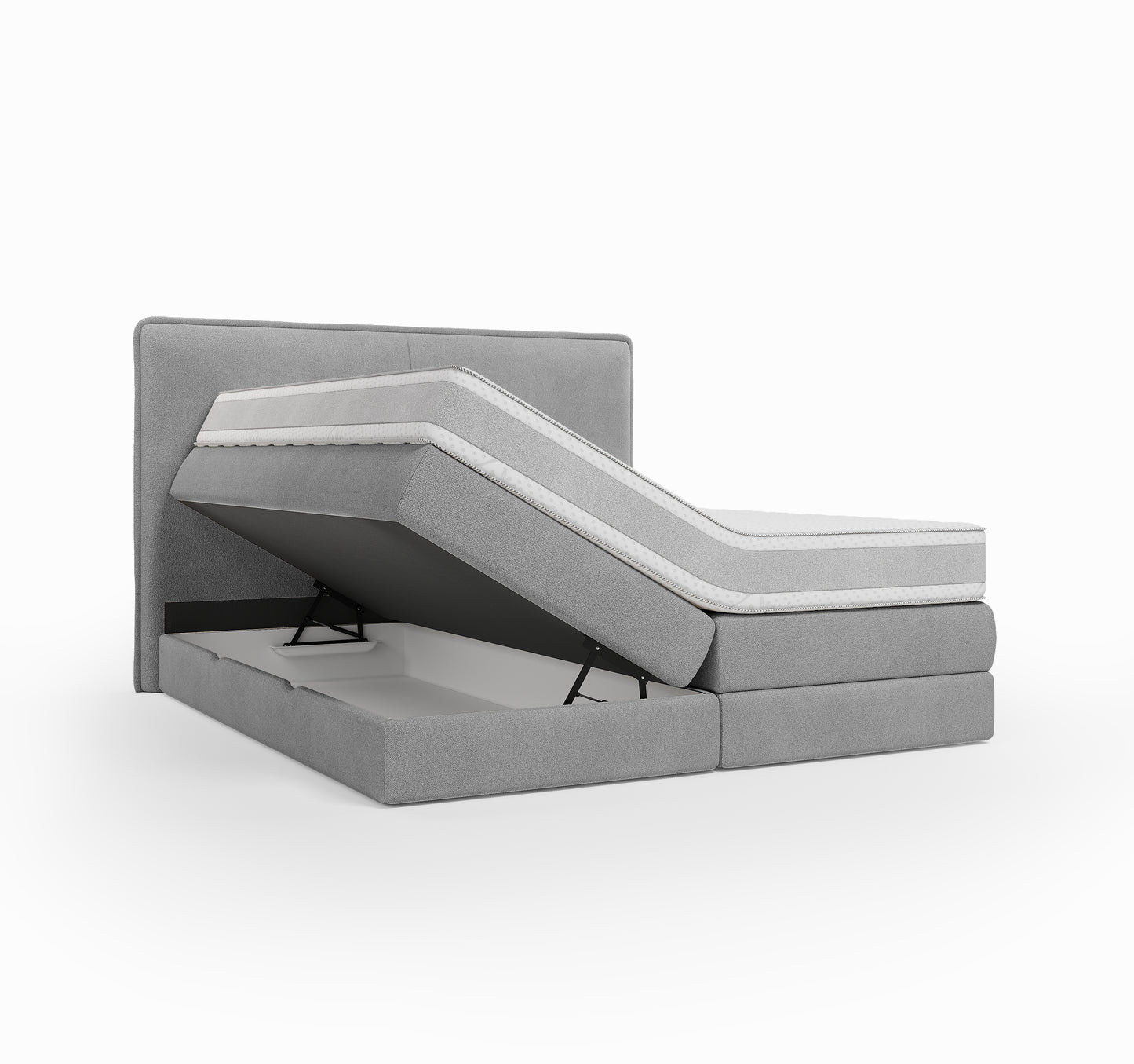 Lit BOXSPRING LUCA - Avec tête de lit, coffre intégré, matelas ressorts ensachés inclus