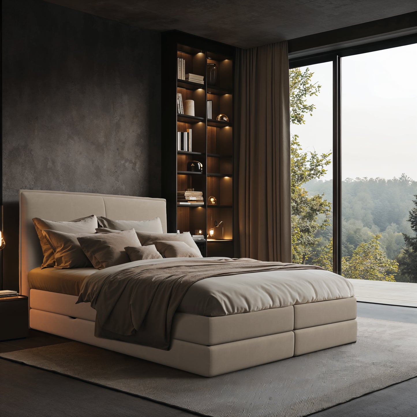 Lit BOXSPRING LUCA - Avec tête de lit, coffre intégré, matelas ressorts ensachés inclus