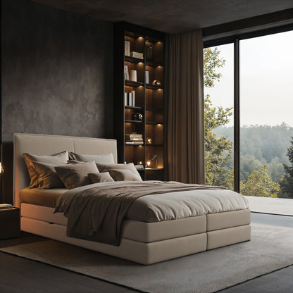 Lit BOXSPRING LUCA - Avec tête de lit, coffre intégré, matelas ressorts ensachés inclus