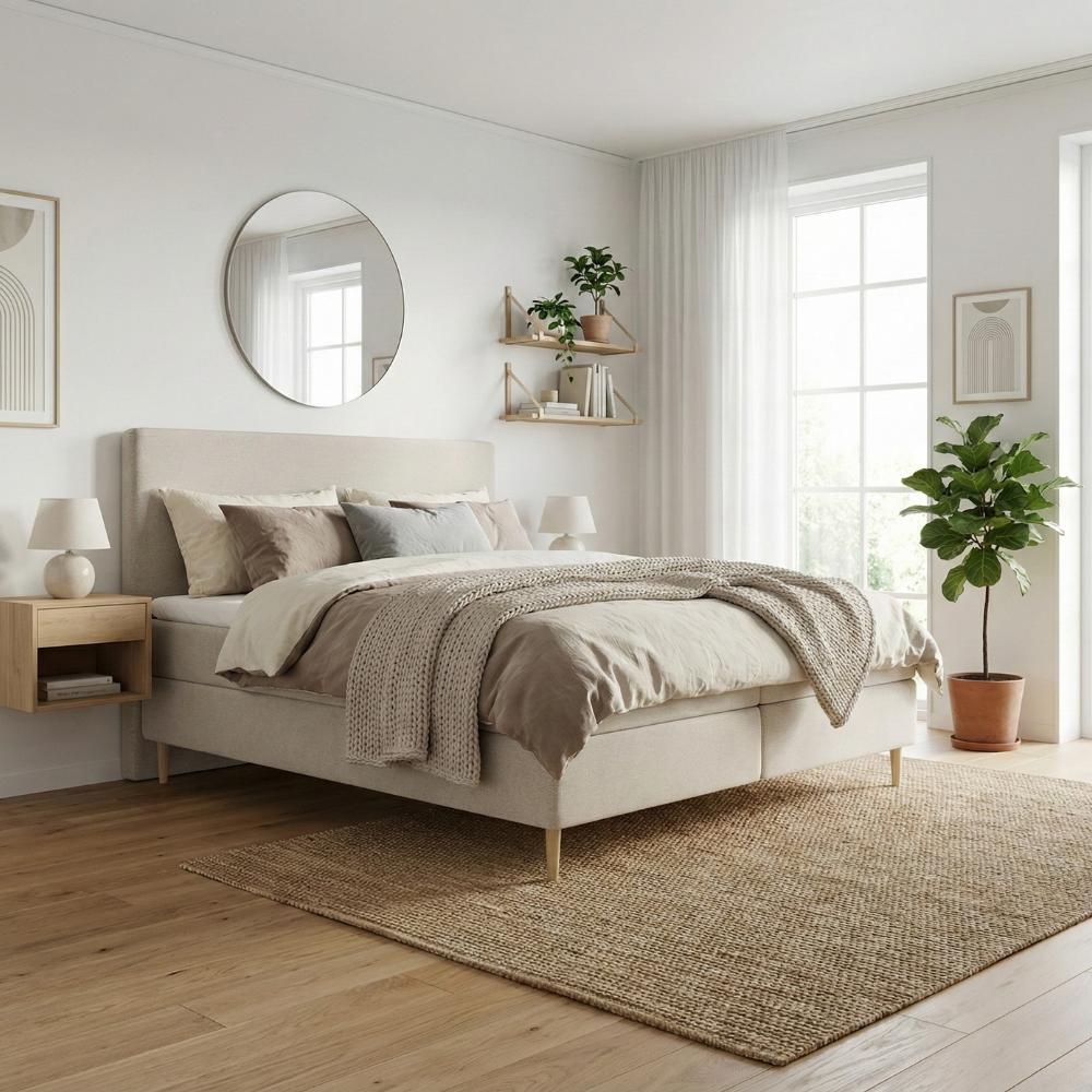 Lit BOXSPRING LENNON - Avec tête de lit, coffre intégré, matelas ressorts ensachés et surmatelas inclus
