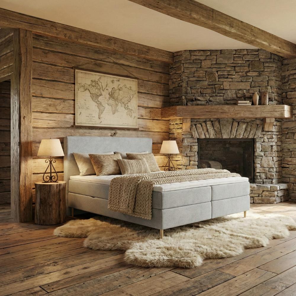 Lit BOXSPRING LENNON - Avec tête de lit, coffre intégré, matelas ressorts ensachés et surmatelas inclus