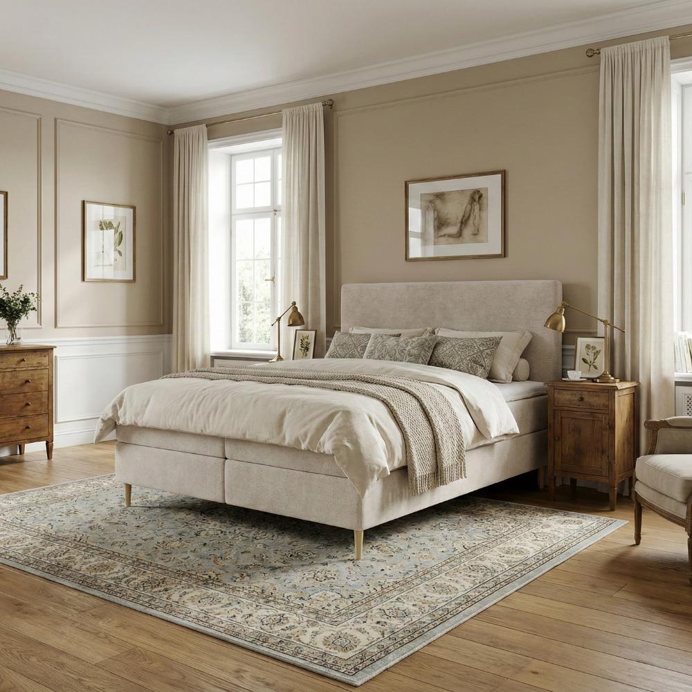 Lit BOXSPRING LENNON - Avec tête de lit, coffre intégré, matelas ressorts ensachés et surmatelas inclus